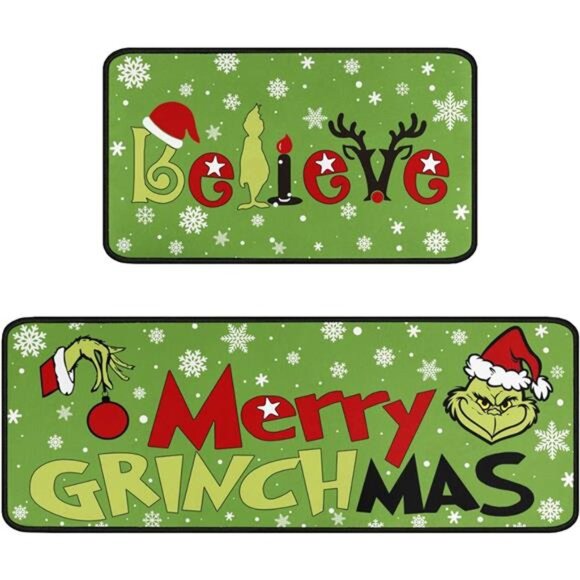 Set of 2 Merry Grinchmas Kitchen‎ Rugs, Non-Slip Waterproof Mats, 17x48 " - Picture 1 of 8